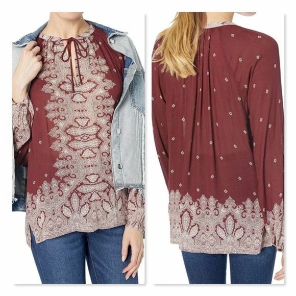 Lucky Brand Womens Border Print Peasant Tunic Top Blouse Size Large 1X Maroon - Picture 2 of 11